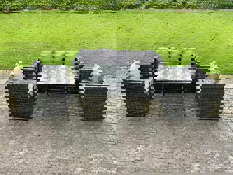 Fimous Wicker PE Rattan Outdoor Furniture Garden Dining Set with Lounge Sofa Oblong Dining Table 2 Armchairs Dark Grey Mixed