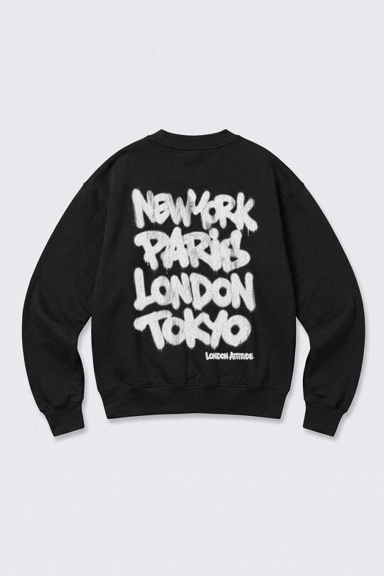 London Attitude Oversized Heavyweight City Graffiti Sweatshirt in Black
