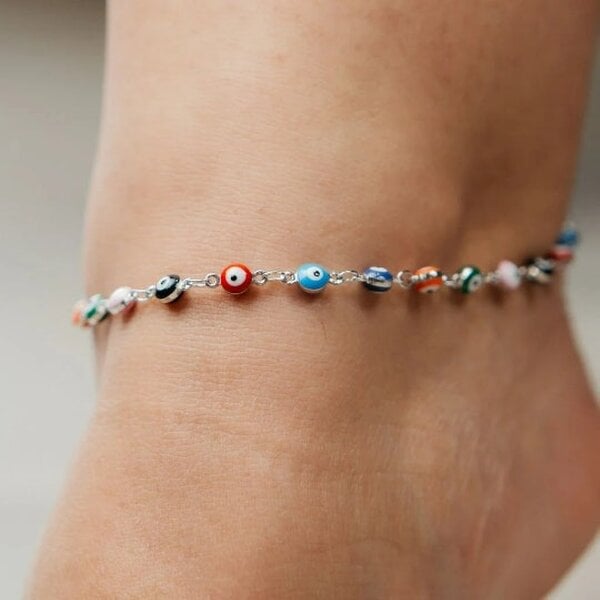 The Colourful Aura Multicolor Evil Eye Tiny Turkish Protection Beaded Luck Eye Greek Foot Anklet - Silver
