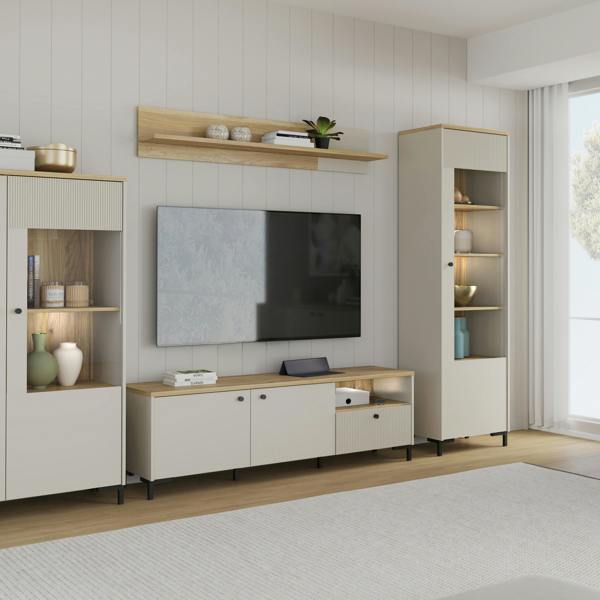 Furniture To Go Bixbite Tall Display Cabinet with Fluted Detail, Door & Open Shelving in Mauvella Oak and Sand