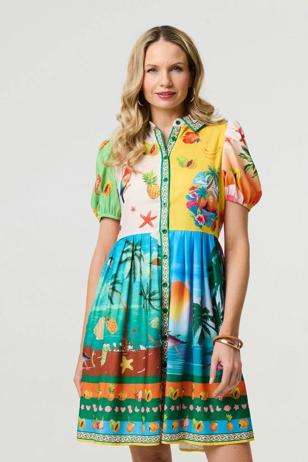 Green | Printed Puff Sleeve Short Shirt Dress
