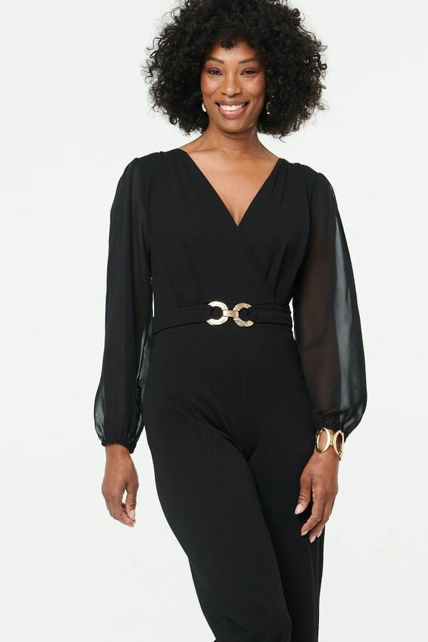 Izabel London Semi Sheer Long Sleeve V-Neck Jumpsuit - Black