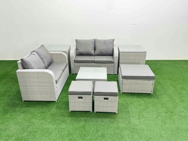 Fimous 7 Seater Outdoor Love Sofa Set Rattan Garden Furniture Set with Square Coffee Table 3 Footstool 2 Side Tables Light Grey