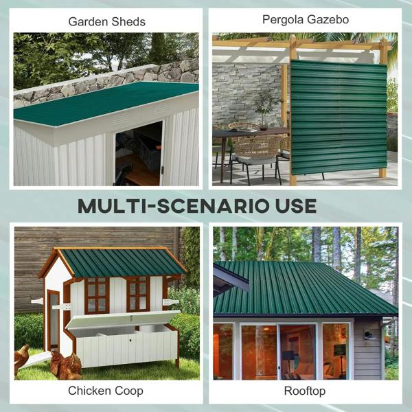 Green corrugated steel roof sheet panel shown in outdoor multi-scenario use