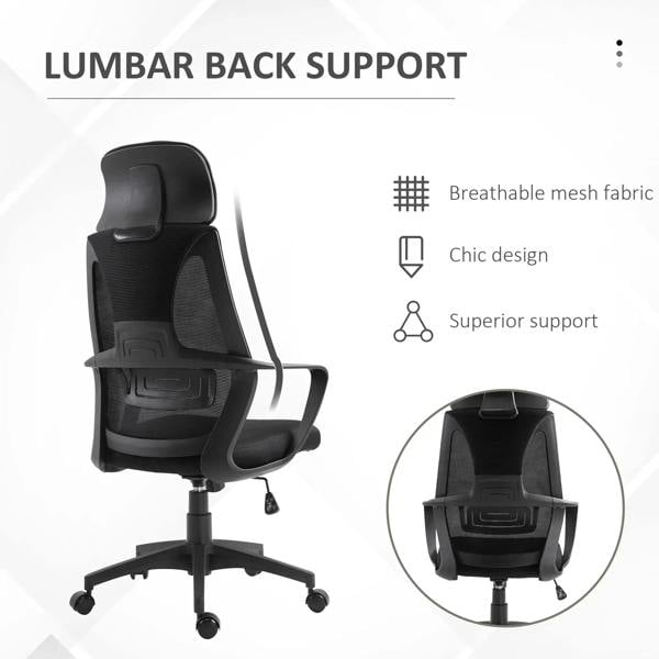 Black office chair with lumbar support, breathable mesh back, and caster base