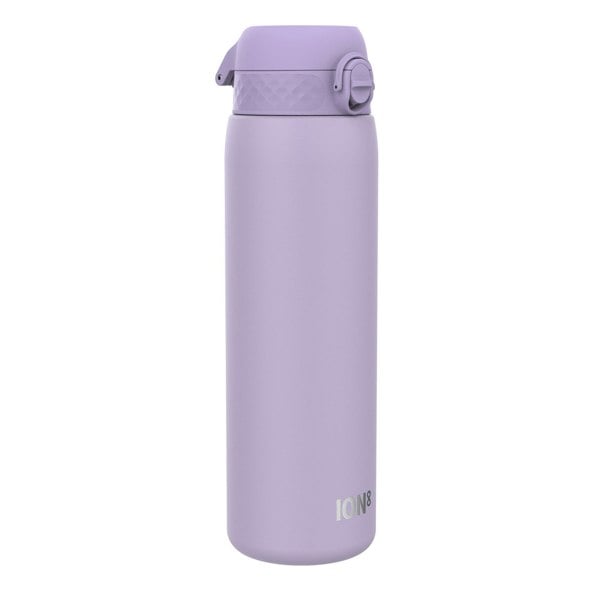 A lavender water bottle stands upright against a white background. The bottle has a screw-on lid with a carrying loop. ION8 is printed on the bottle.