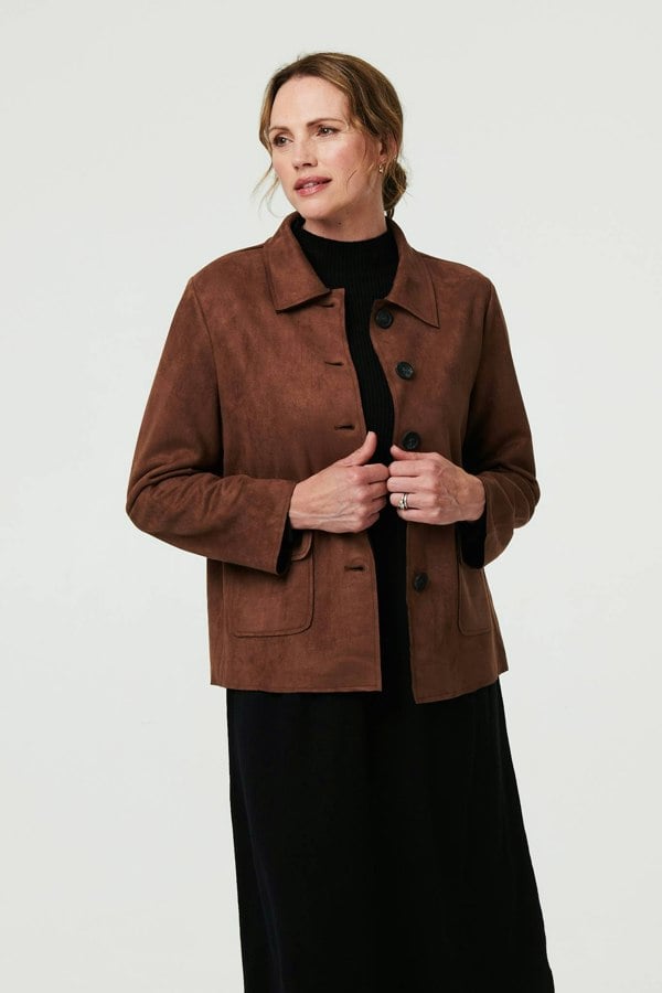 Brown | Faux Suede Button Front Shirt Jacket
