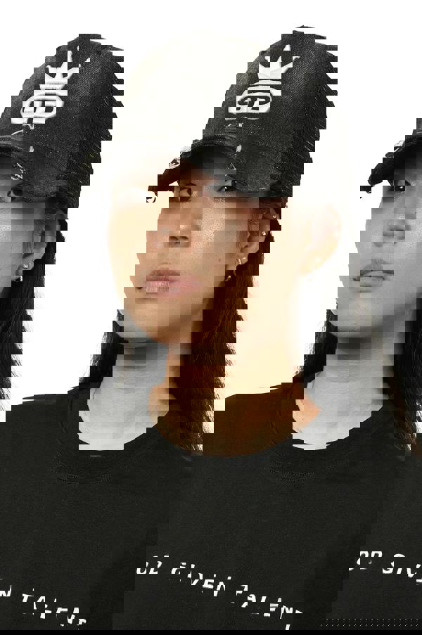 God Given Talent GGT White Logo Acid Wash Distressed Black Denim Mesh Snapback