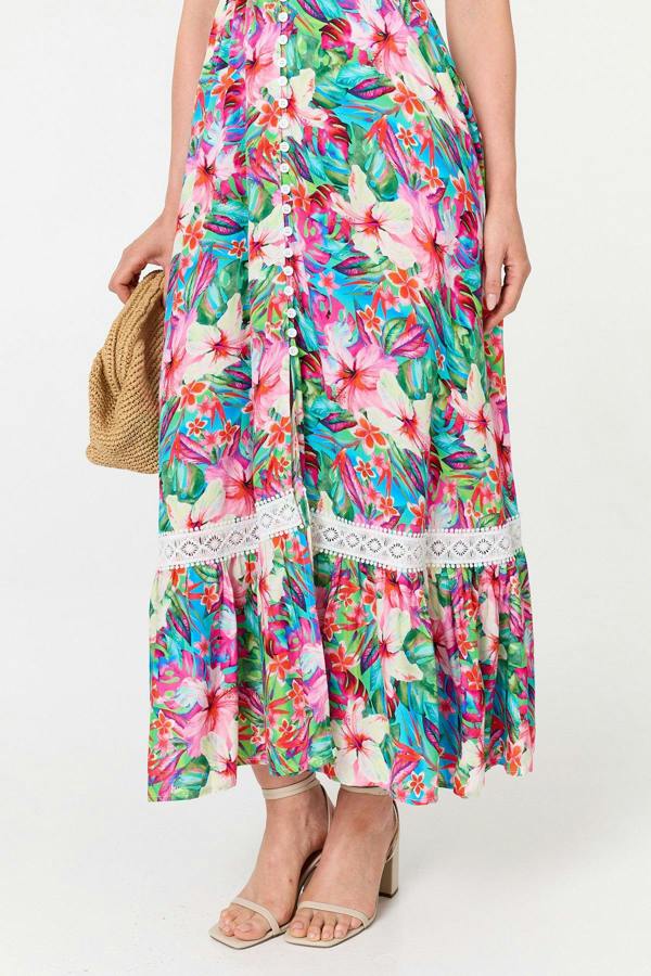 Pink | Floral Cap Sleeve Buttoned Maxi Dress
