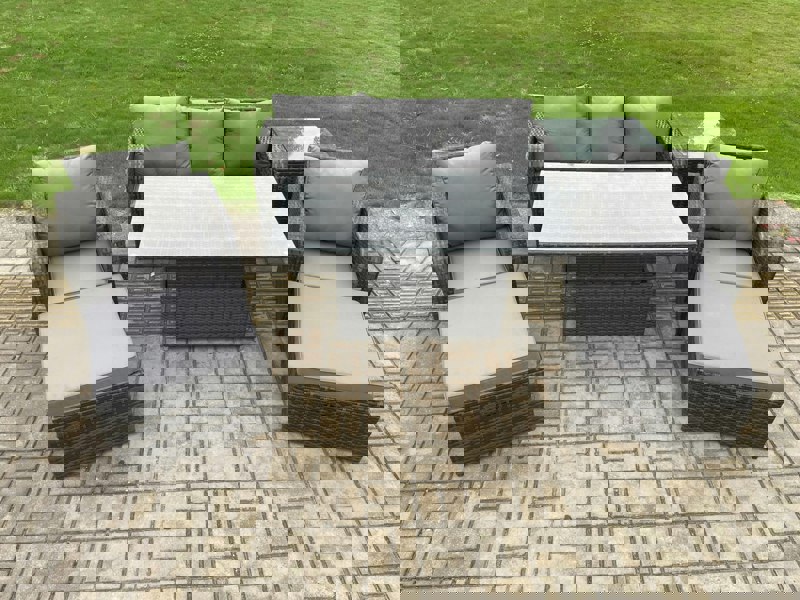 Fimous Outdoor Rattan Furniture Garden Dining Sets Height Adjustable Rising lifting Table Sofa Set With Chairs Side Tables 2 Big Footstools