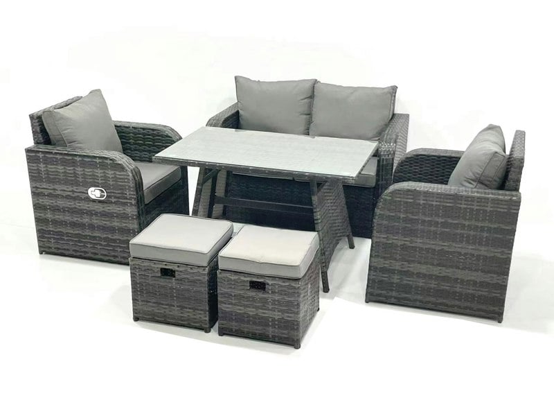 Fimous Outdoor Garden Furniture Set Rattan Sofa Dining Table Set with Reclining Chair 2 Small Footstool Dark Grey Mixed