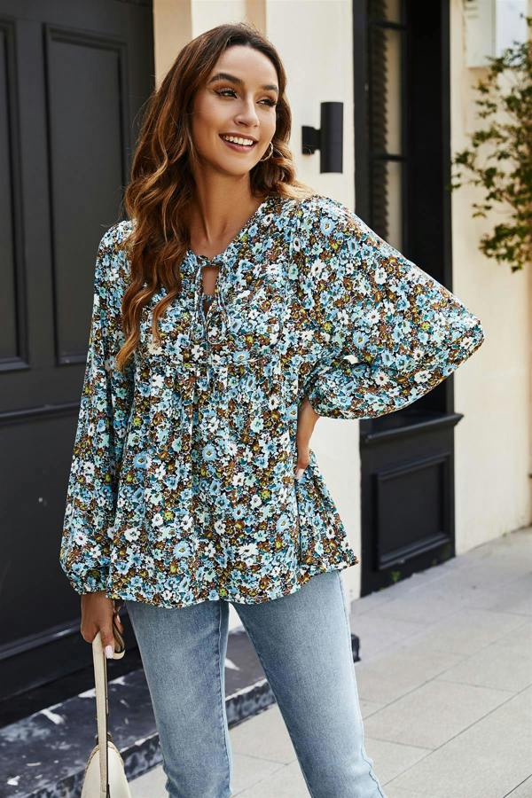 FS Collection Floral Print long sleeve Blouse Top In Blue