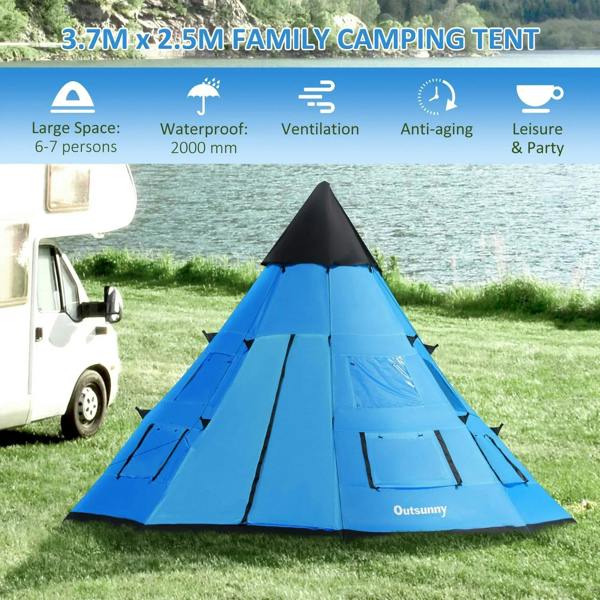 Blue tipi family camping tent with open front and mesh ventilation windows