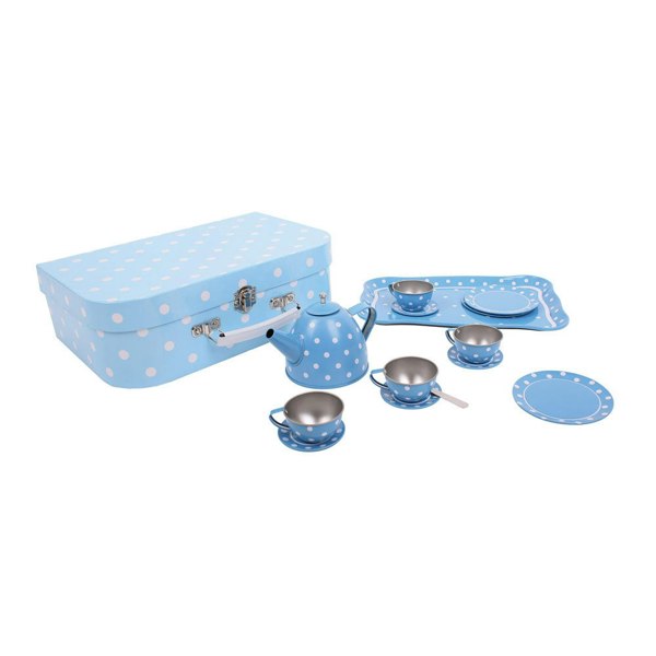 Bigjigs Toys Blue Polka Dot Tea Set With Carry Case - Includes 15 Play Pieces