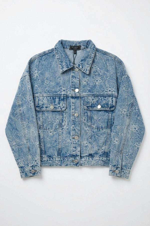 Blue | Floral Embroidered Relaxed Denim Jacket

