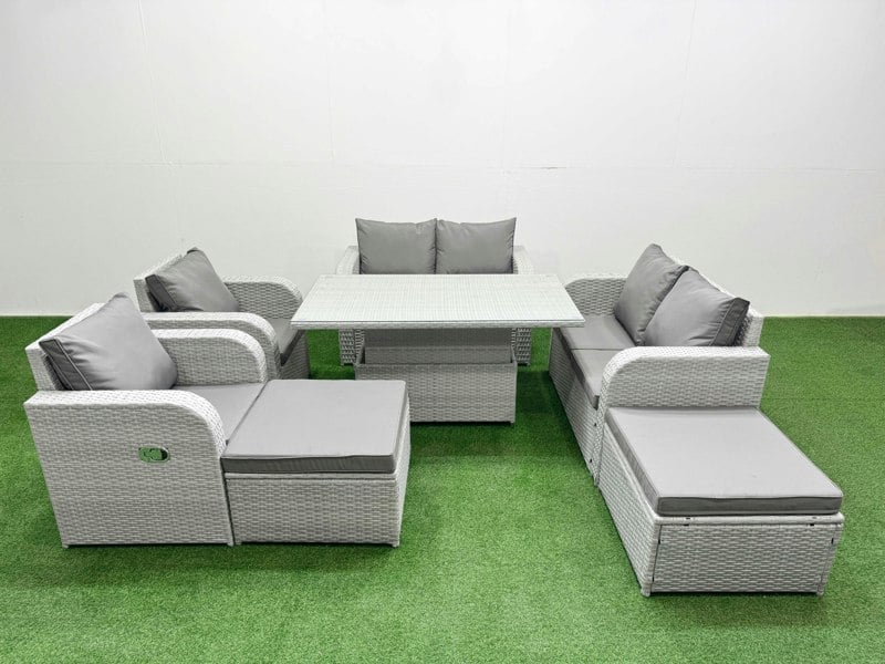 Fimous 8 Seater Rattan Garden Furniture Set - Light Grey with Reclining Chair, Loveseat & Adjustable Lifting Dining/Coffee Table & 2 Footstools