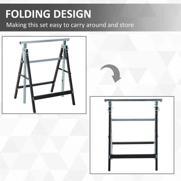 Folding steel trestle sawhorse set with black legs and light gray frame