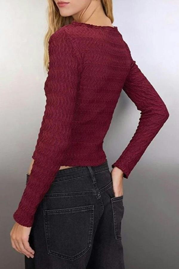 WOVCOR Textured Tie Detail V-Neck Stretch Knit Blouse