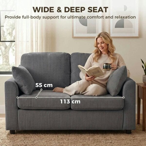 2 Seater Sofa, Corduroy Small Couch with Spring Cushion, Wide and Deep Seat, Dark Grey