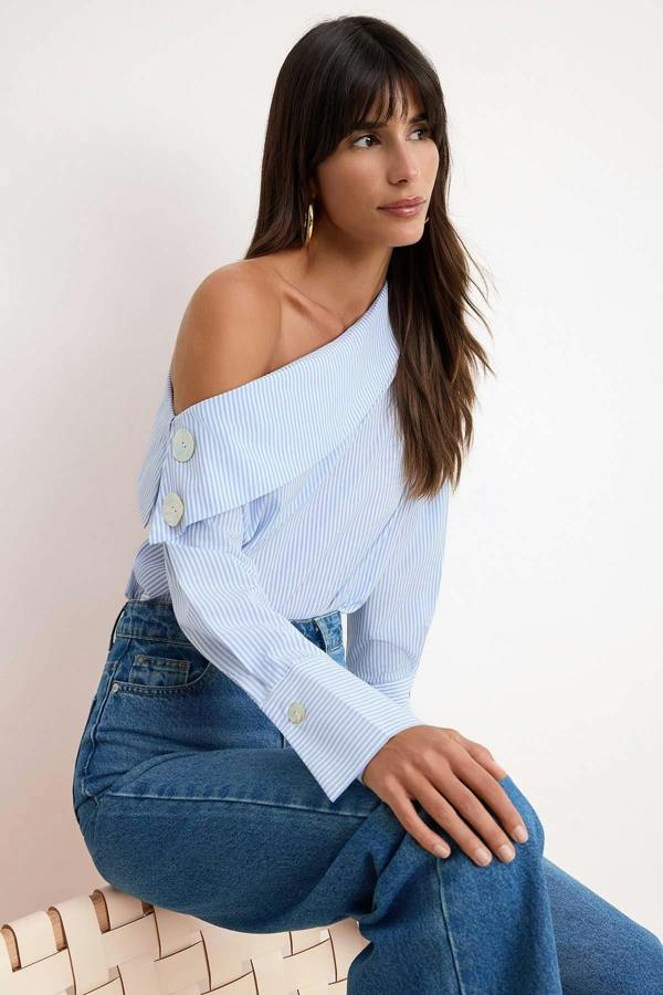 WOVCOR Asymmetric Neck Long Sleeve Woven Blouse