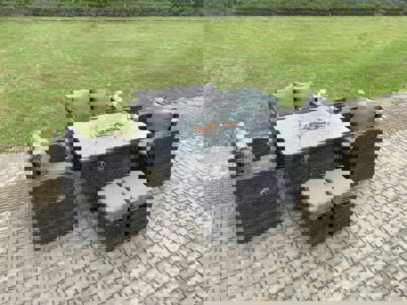 Fimous Rattan Garden Furniture Set Outdoor Patio Gas Fire Pit Dining Table and Chairs with Side Table Love seat Sofa 2 Small Footstools