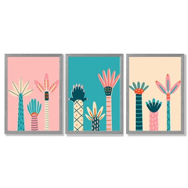 Set of 3 Miami Pink and Teal Palm Trees Framed Art Prints with Light Grey Wooden Frames