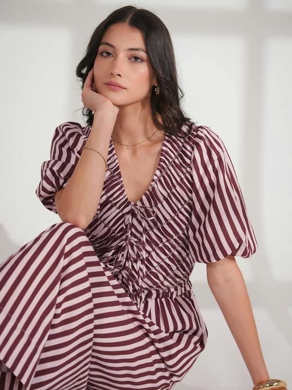 Rose & Nancy Isla Burgundy And Pink Stripe Cotton Linen Blend Dress