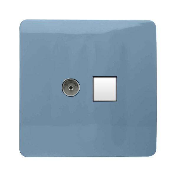 Trendi Switch 2 Gang TV Co-Axial & RJ45 Cat 6 Modern Designer PC Ethernet Sockets in Sky Blue