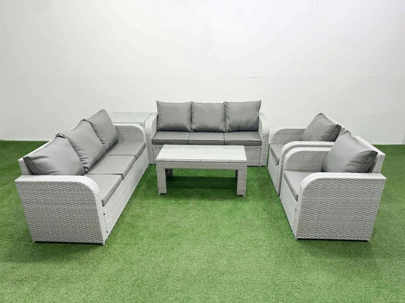 Fimous PE Rattan High Back Lounge Sofa Set Patio Oblong Coffee Table & Chairs Set with 3 Seater Sofa Reclining Chair Side Table Light Grey