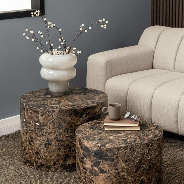 Furniture To Go Dice Round Coffee Table Set of 2 in Brown Marble and Delhi Rough Paper
