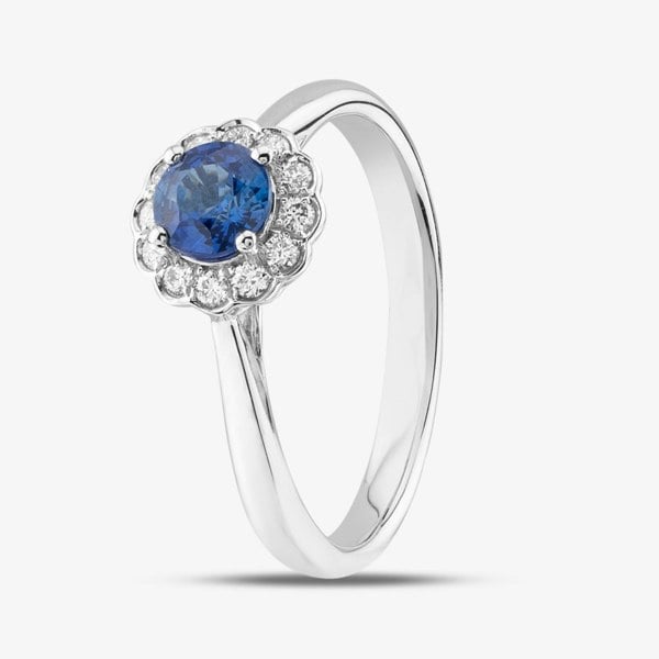 T. H. Baker 18ct White Gold Brilliant Cut Sapphire & Diamond Small Flower Halo Ring R61930W-SAP M