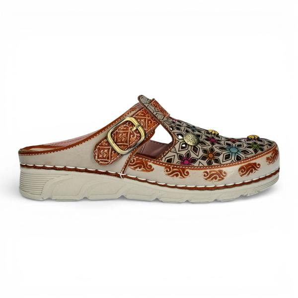 Laura Vita Dorry 01 - Women’s Floral Beige Leather Wedge Slipper