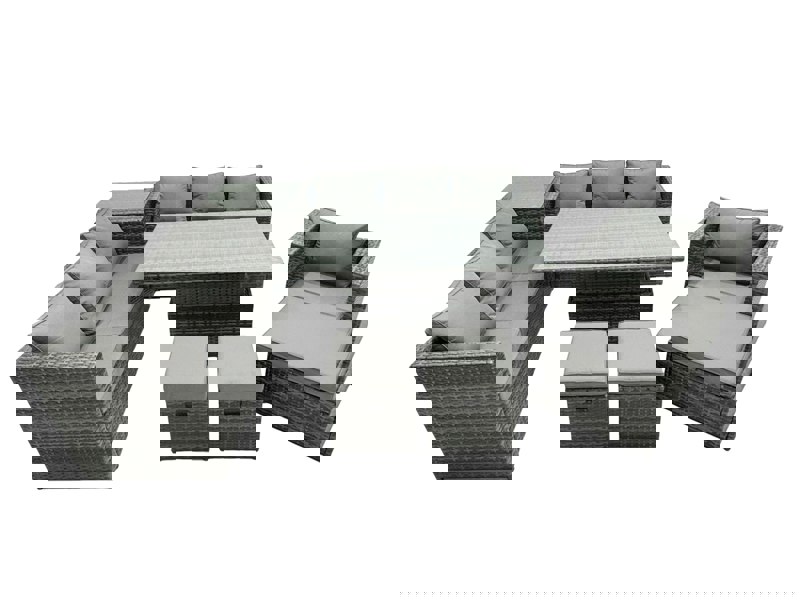 Fimous PE Rattan Garden Furniture Set Lounge Sofa Rising Dining Table Set with Side Table 3 Footstool Dark Grey Mixed