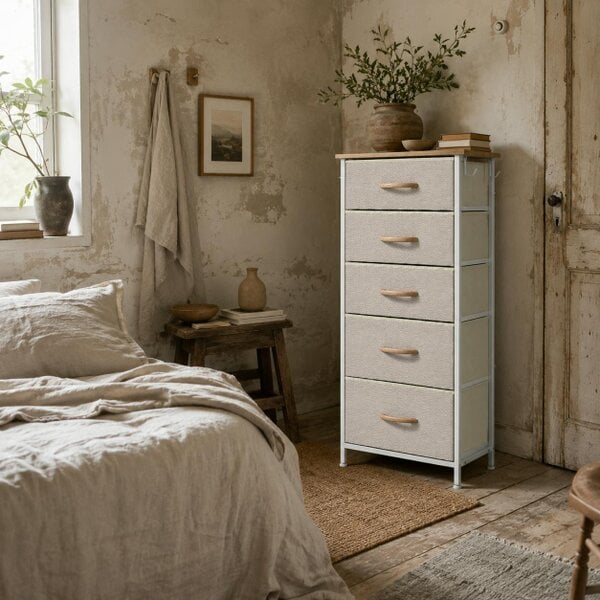 Wyld Haus Batoro Fabric And Metal Beige 5 Drawer Storage Chest