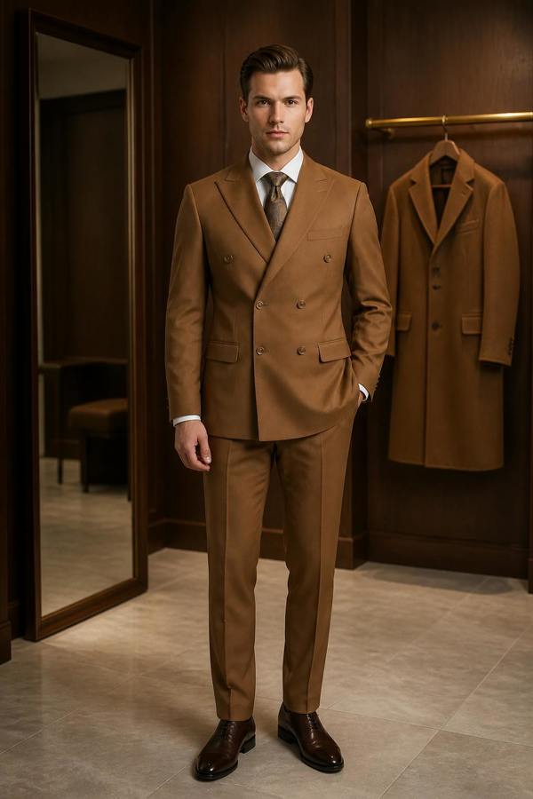 Man wearing a brown suit standing in a room with a coat on a rack.