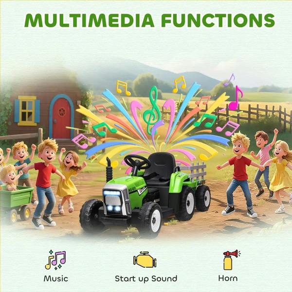 Green ride-on tractor with multimedia music, start-up sound, and horn indicators