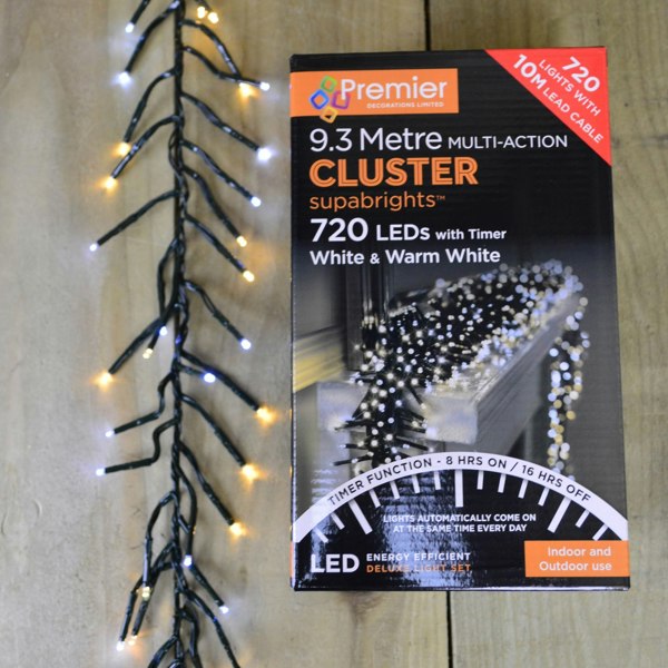 Samuel Alexander 720 LED 9.3m Premier Clusterbrights Indoor Outdoor Multifunction Mains Christmas Cluster Lights with Timer in Cool & Warm White