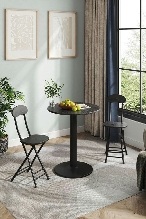 Living and Home Black Round Coffee Table with Metal Base