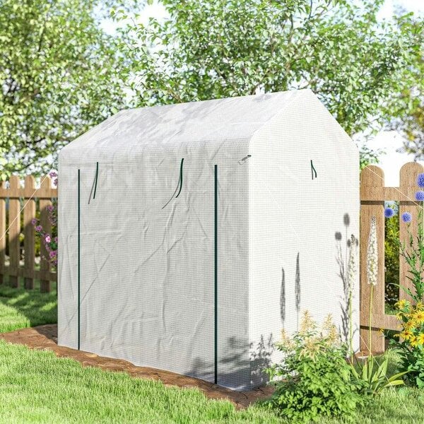 Bobobiy Walk-in Greenhouse, Outdoor Tomato Greenhouse with Roll-up Door and Mesh Windows, PE Cover, 200 x 140 x 200cm, White