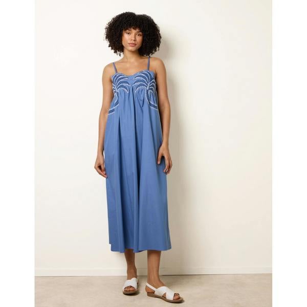 Blue Vanilla Palm Tree Embroidery Smock Dress