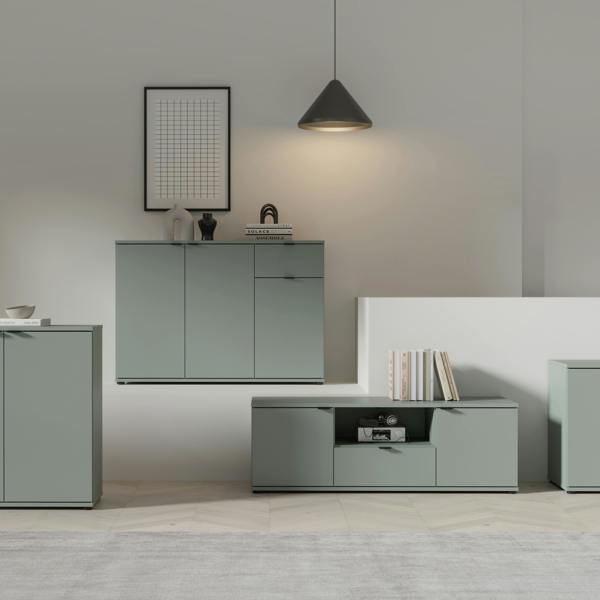 Furniture To Go Ganymede Wide TV Unit with Open Shelf & 2 Doors in Sage Green