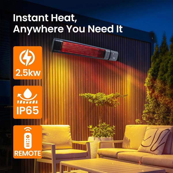 Castle Heaters 2500W Wi-Fi Infrared Patio Heater – Low Glare, Remote Control, IP65 | KMH-25R9