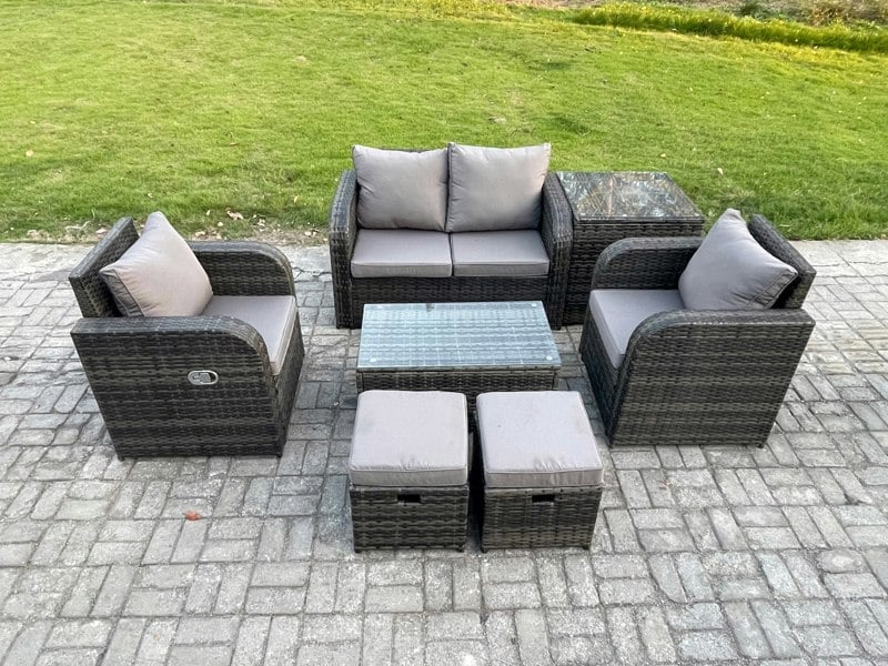 Fimous Wicker PE Rattan Outdoor Furniture Set Garden Love Sofa Coffee Table 2 Armchair Side Table 2 Small Footstools Dark Grey Mixed