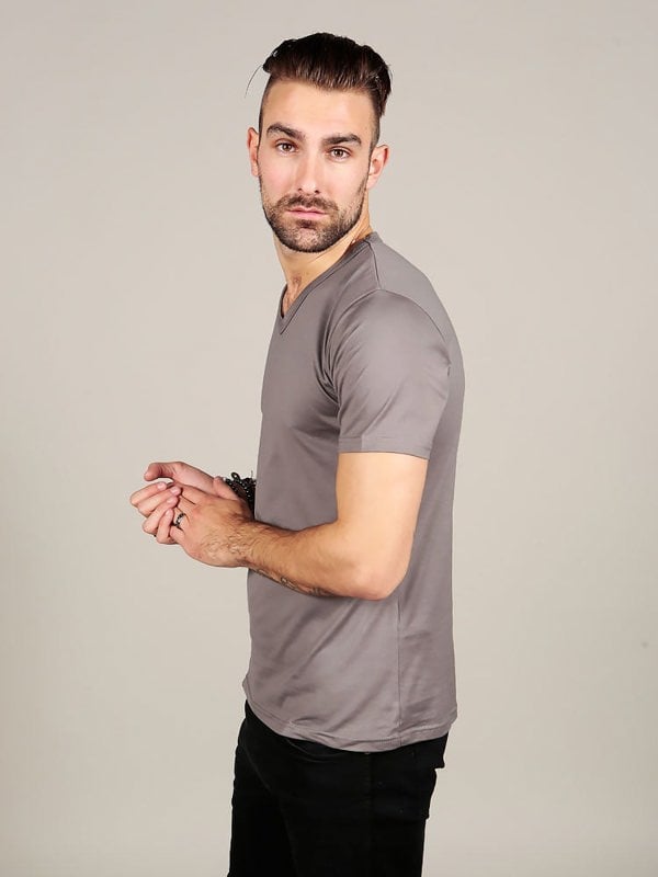 Side view of model wearing Supima cotton t-shirt