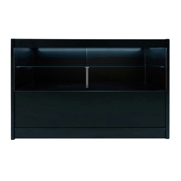 Sleek black Andromeda LED shop counter set with illuminated display, featuring a smooth surface and modern design, ideal for retail use