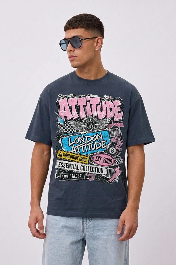 London Attitude Retro Graphic Oversized Heavyweight Streetwear T-Shirt - Blue Dusk