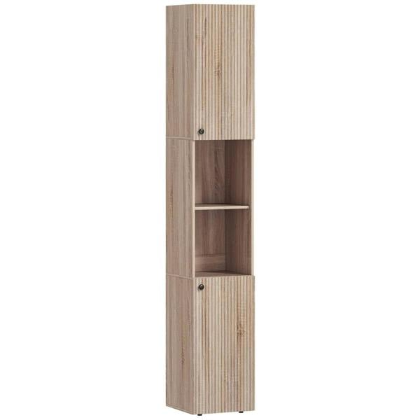 Tall bathroom cabinet with natural wood finish and multiple open shelves