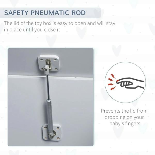 Grey toy box with safety pneumatic rod hinge to keep lid from dropping.