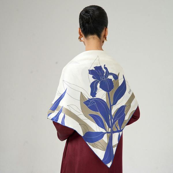 Navy Botanical Twill Silk Scarf – Printed Mulberry Silk, Office Wrap & Gift