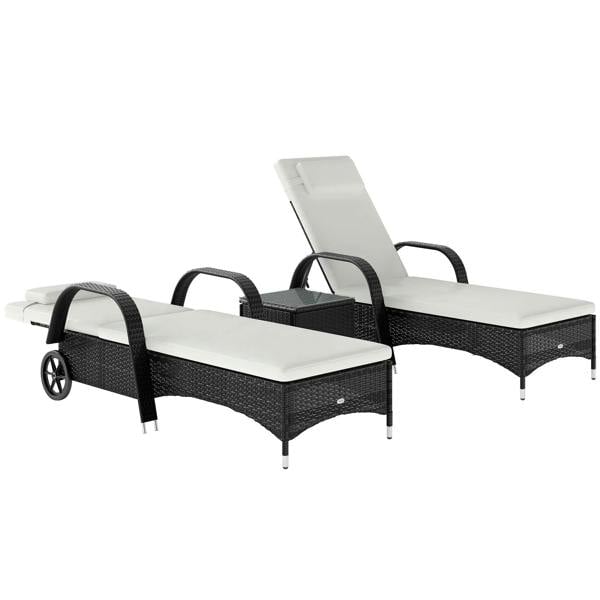 Black rattan sun lounger set with side table and white cushions, two seats